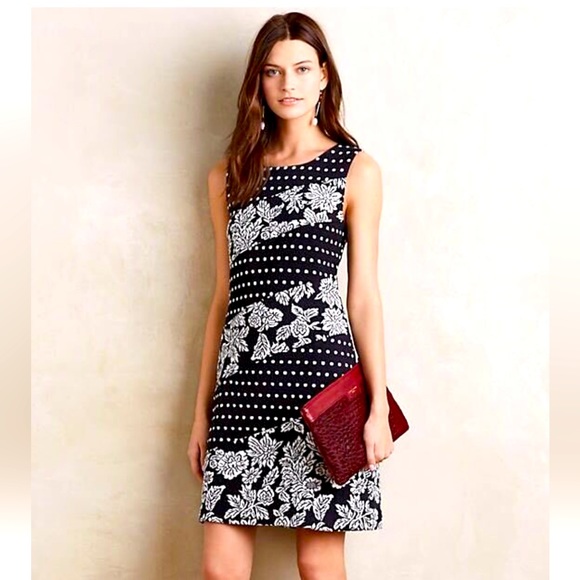 Anthropologie Maeve Dress, black & white floral, polka dot, Jacquard, Sz Large - Picture 1 of 6
